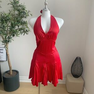 Red Halter Neck Satin Dress Flowy Vintage Style Size M